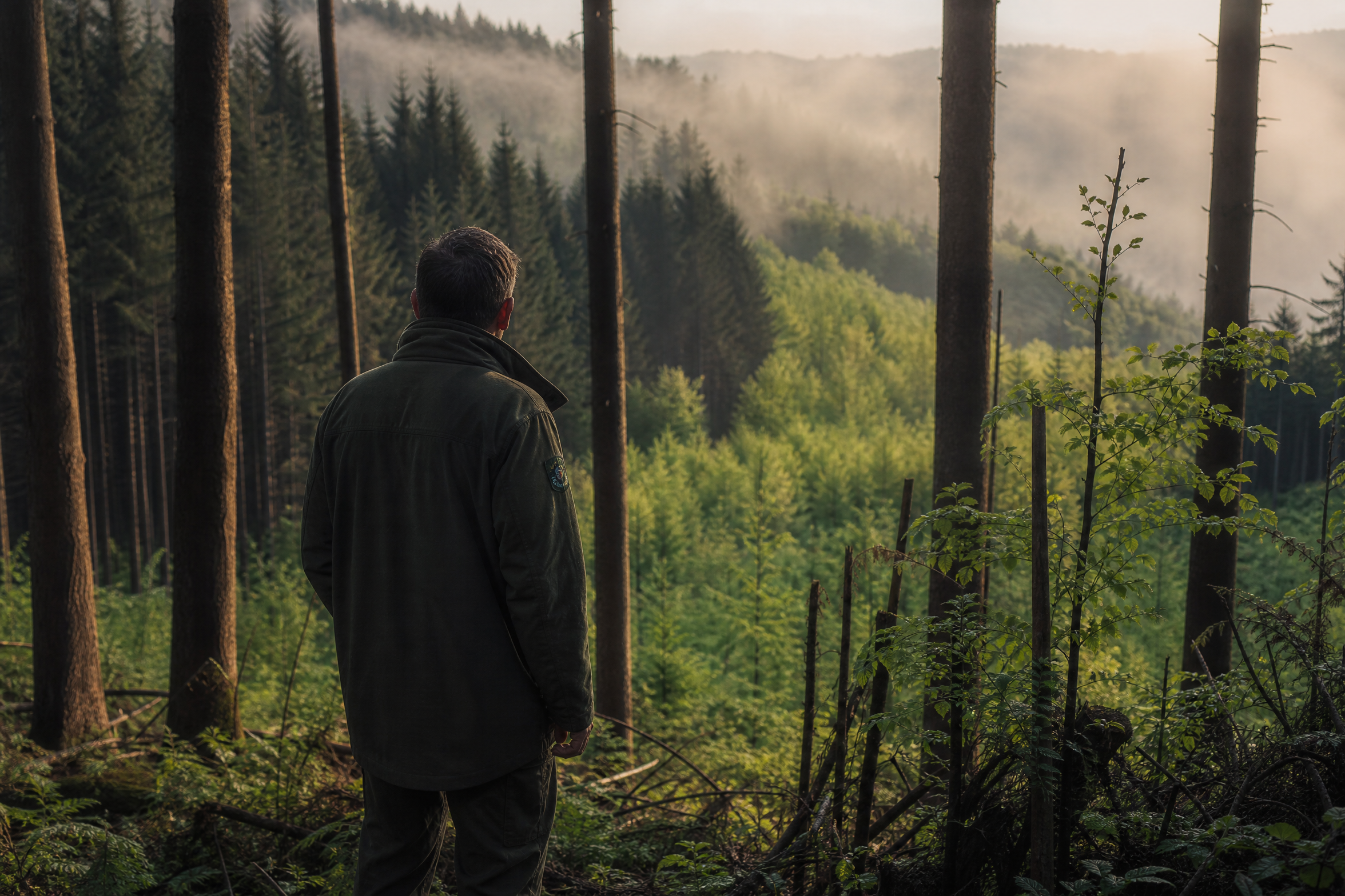 Photorealistic editorial photography of a Czech forester in a worn green jacket standing at the edge of a mixed woodland, back turned to camera, looking across a mosaic of dark spruce monoculture meeting a younger patch of beech and oak sap