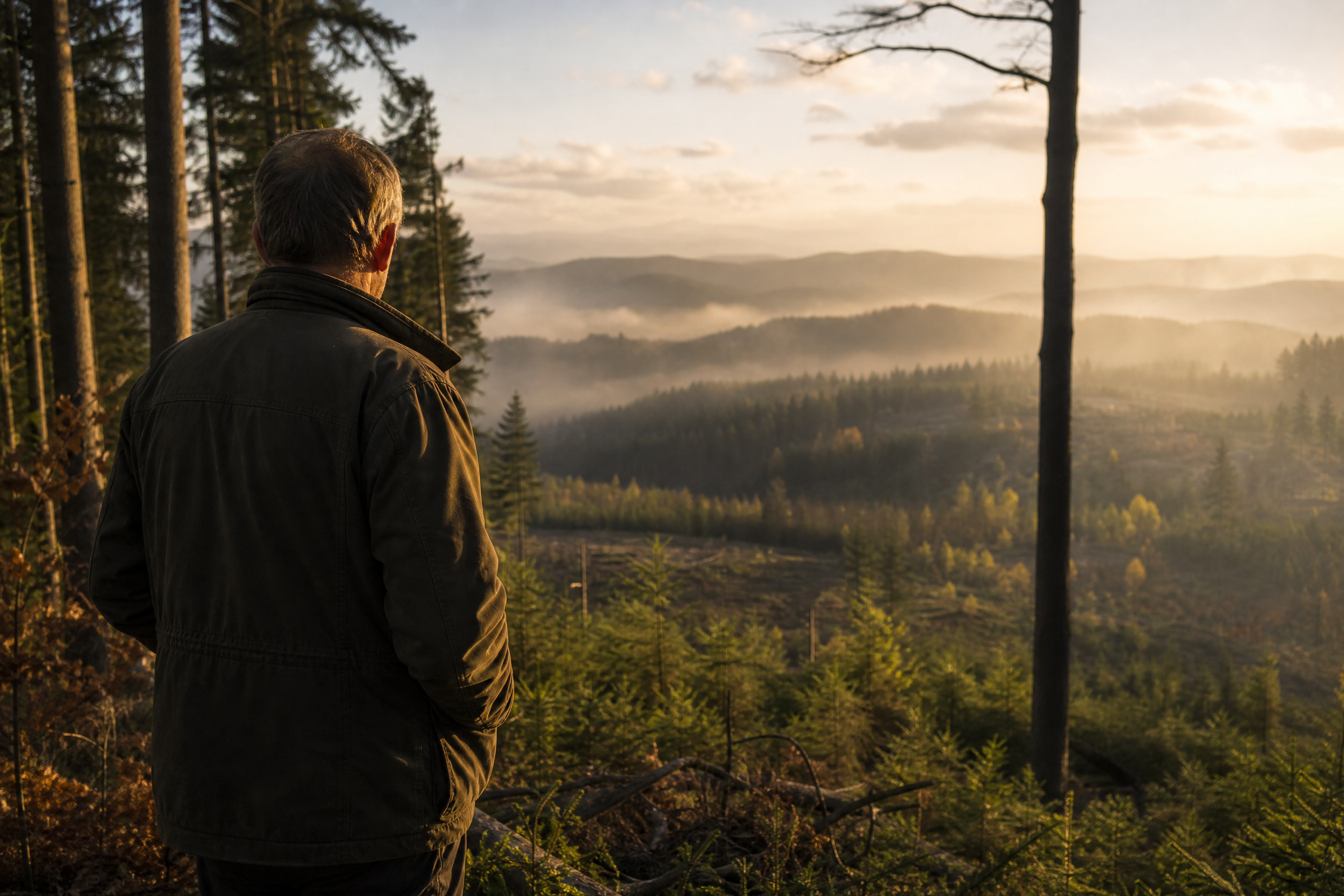 Photorealistic editorial photography of a lone Czech forester in worn canvas jacket standing at the edge of a mixed beech and fir woodland at golden hour, back turned to the camera, gazing across a misty Bohemian valley where young saplings