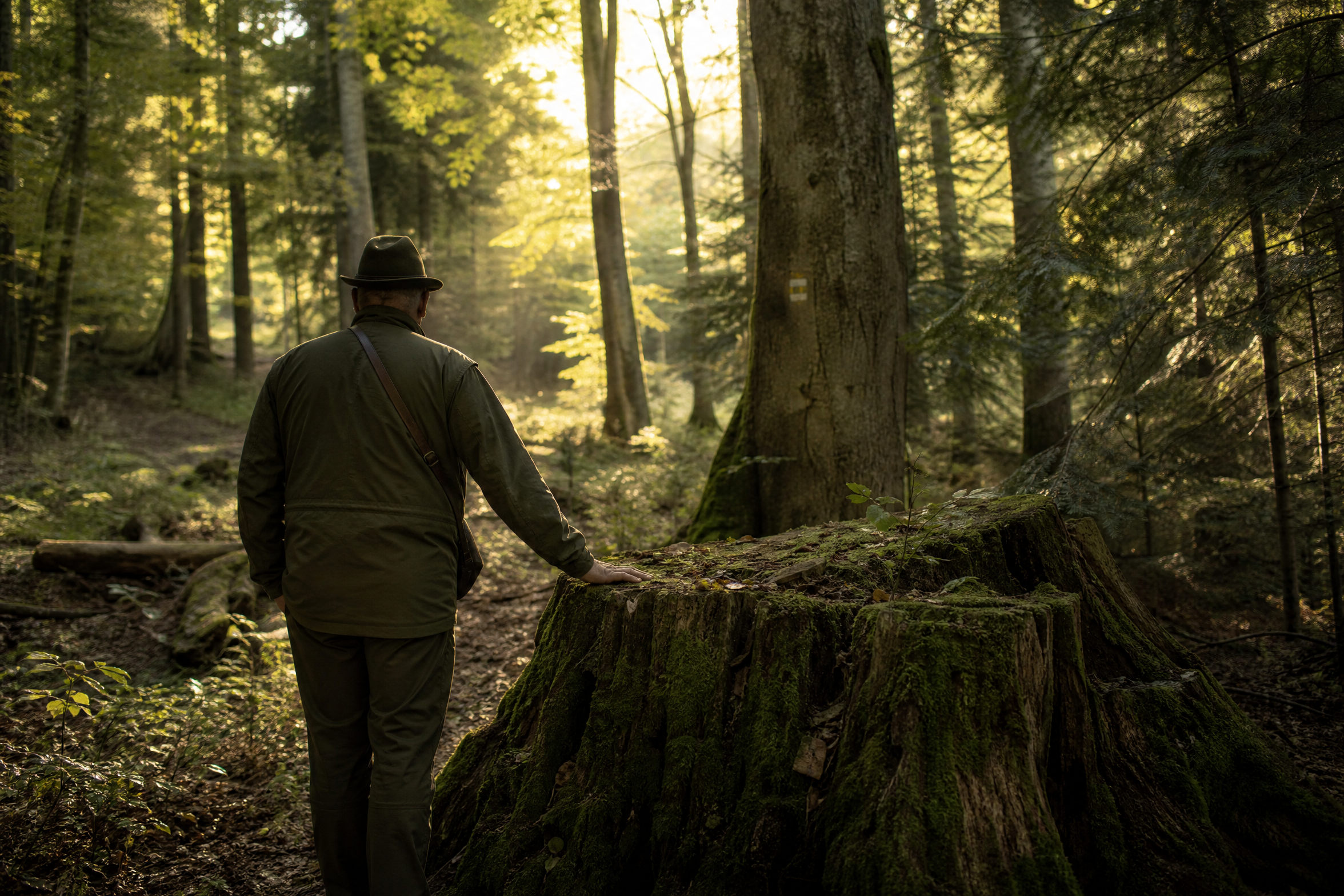 Photorealistic editorial photography of a lone middle-aged forester seen from behind, walking a narrow path through a mixed Czech forest of ancient oaks, beeches, and scattered spruces, his hand resting on a massive moss-covered stump in th