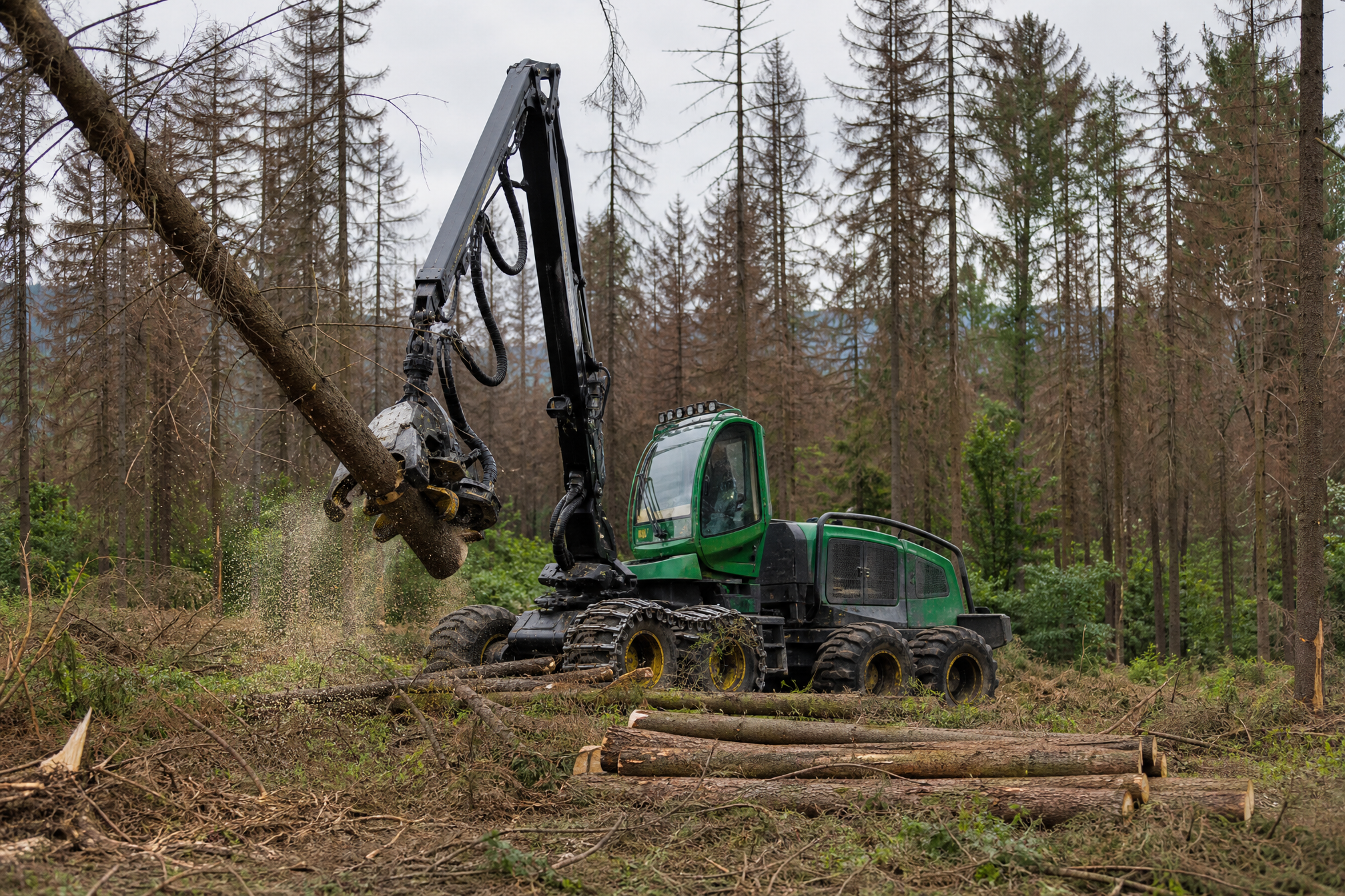 Kůrovcová těžba 2026 – harvestor uchopuje napadený smrk s hnědým jehličím, kolem čerstvé piliny a složené klády v lese.