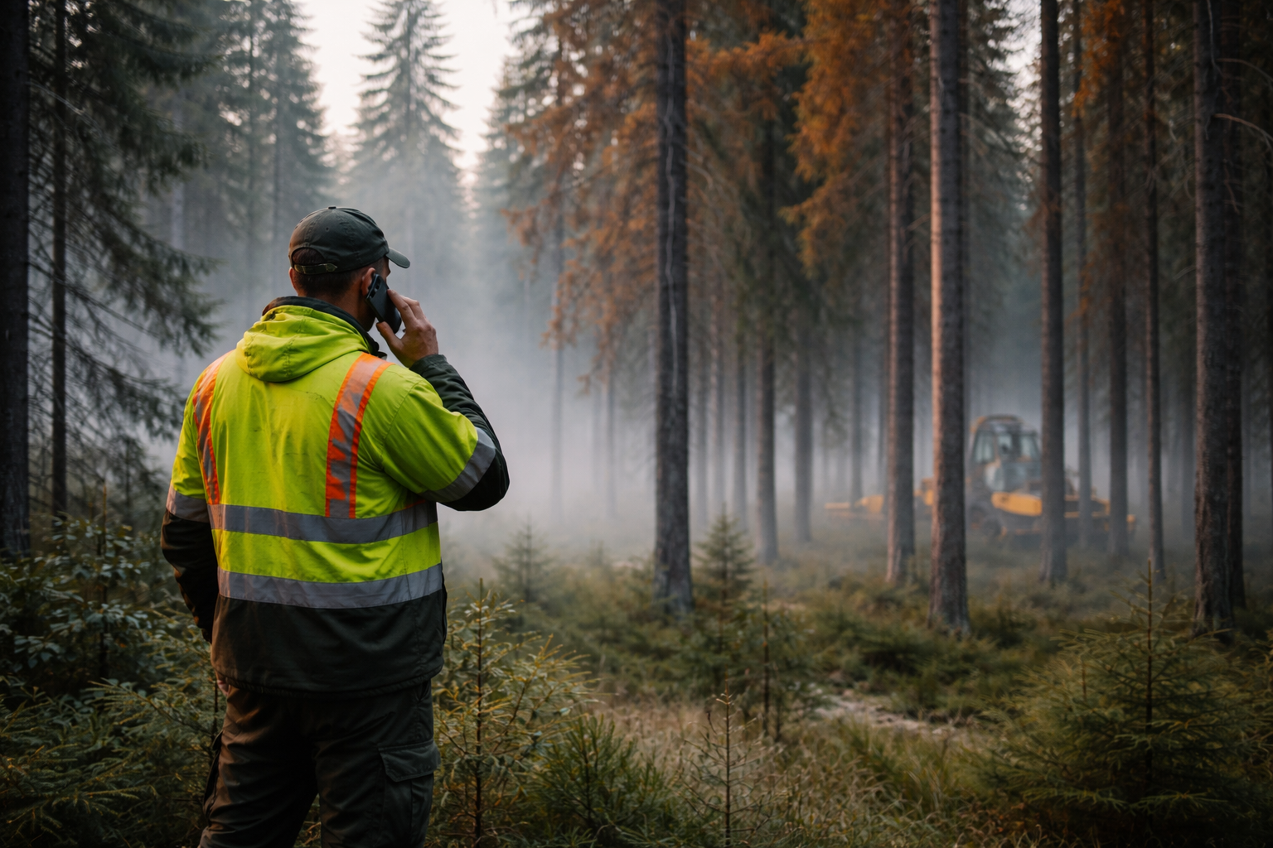 Lesník v reflexní bundě telefonuje na okraji smrkového porostu a obhlíží stromy napadené kůrovcem, harvestor čeká v ranní mlze.