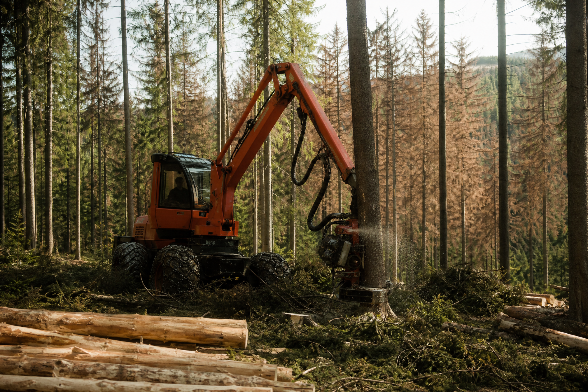 Kácení suchého smrku oranžovým lesním harvestorem v prosvětleném českém lese, kůrovcová těžba napadených stromů uprostřed léta.